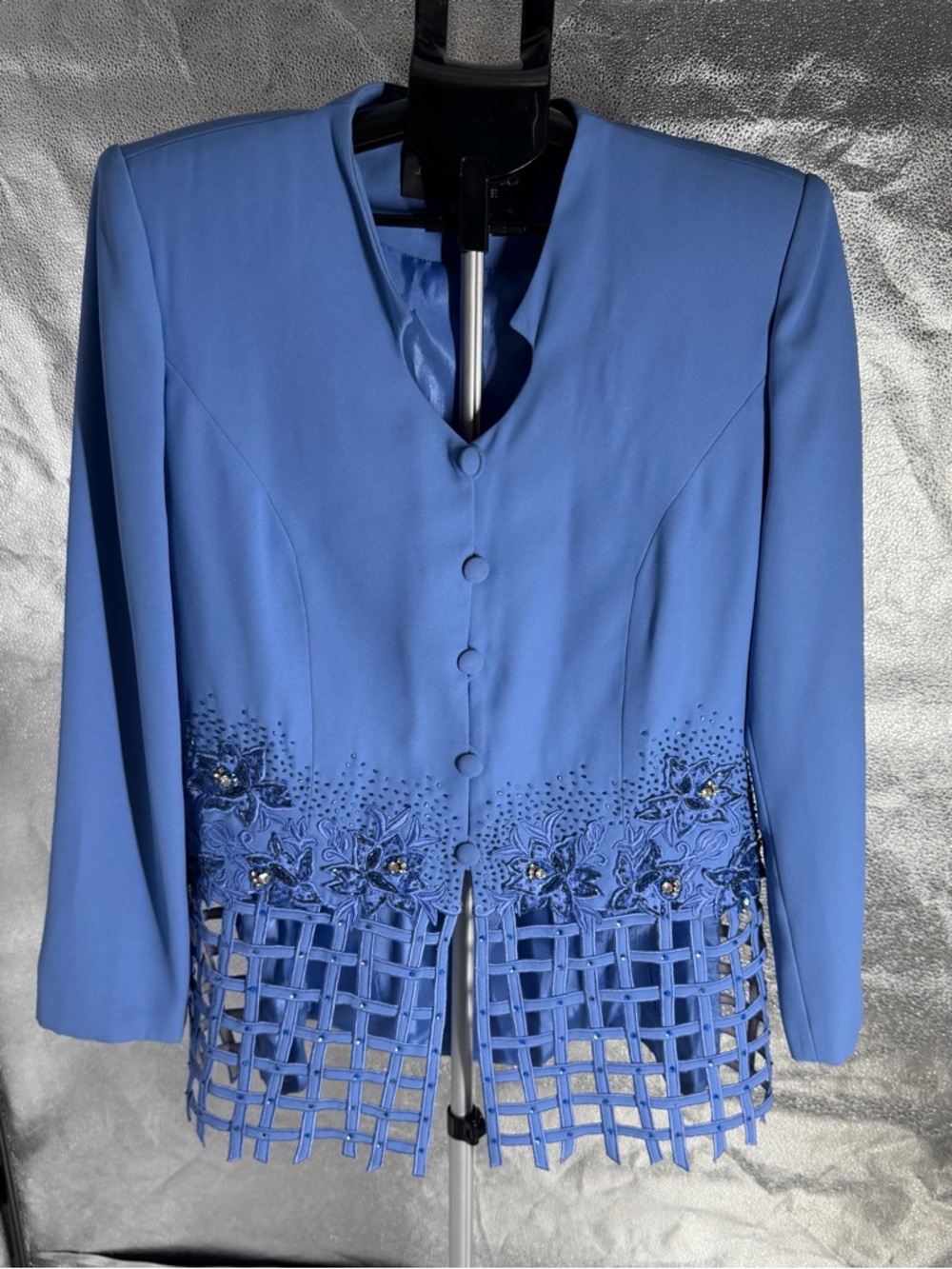 Moshita Coulture Embellished Periwinkle Blue 2pc Church Skirt Suit Jacket Sz 14 - Picture 3 of 6